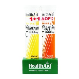 Health Aid 1+1 ΔΩΡΟ Vitamin C 1000mg Συμπλήρωμα Διατροφής Βιταμίνη C για Τόνωση, Ενίσχυση Ανοσοποιητικού Συστήματος & Πρόληψη Κρυολογήματος - Γεύση Πορτοκάλι & Λεμόνι, 2x20eff.tabs